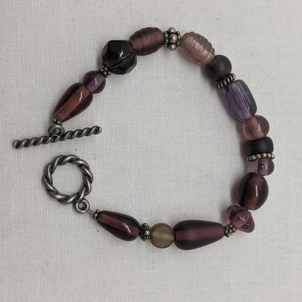 Purple Glass Bead Silver Tone Boho Chic Bracelet